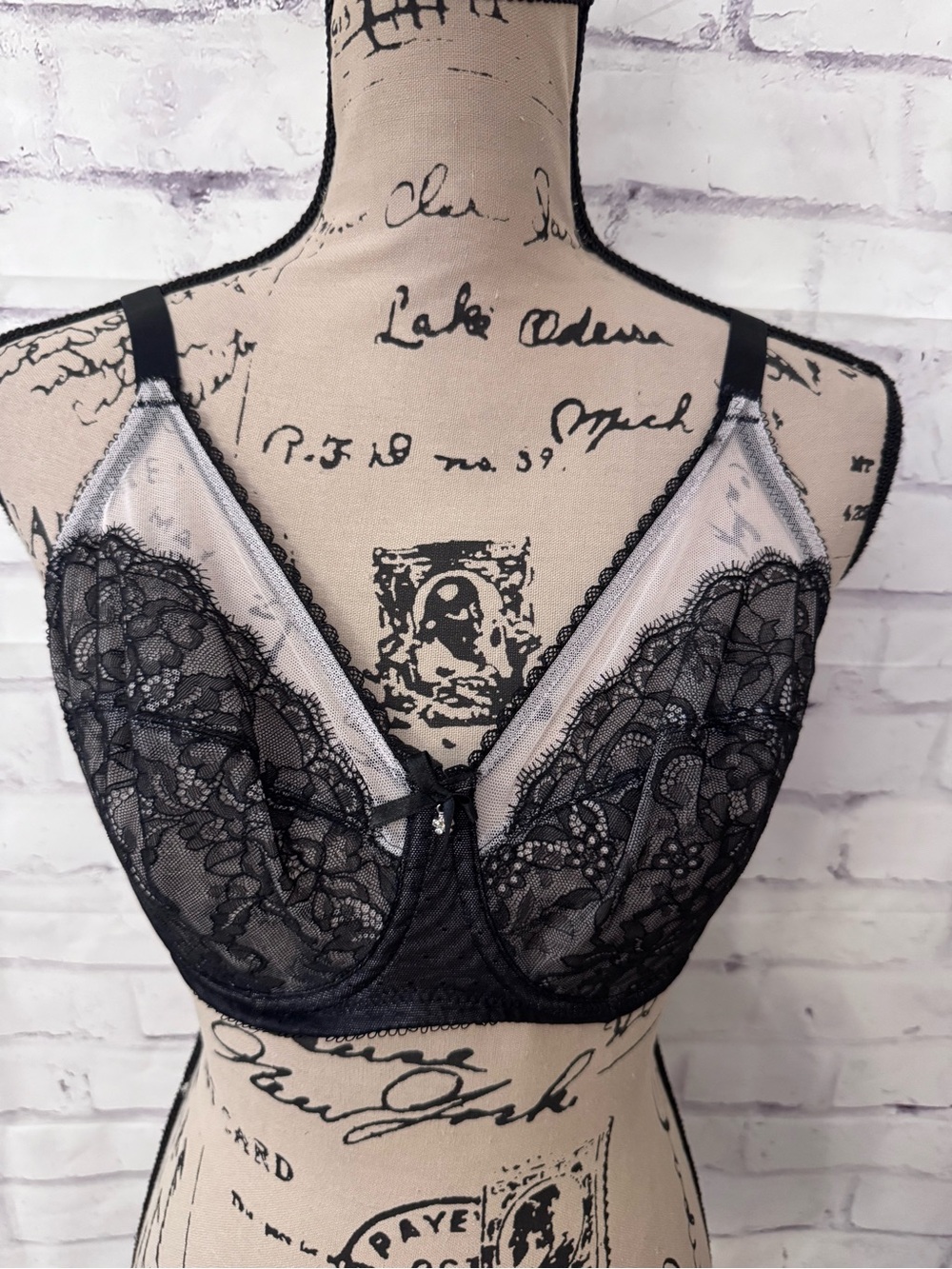 Wacoal Retro Chic Bra 36D Black White Full Figure 855186 Sheer Underwire